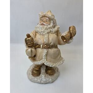 Vintage-Style Poly Santa Claus Figurine White Gold Coat Bell Toy Sack Decor